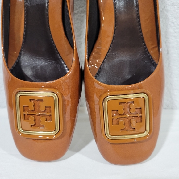 Tory Burch Georgia Pump Size 8, 35mm Heels Patent Leather Brown Cuoio - Picture 11 of 14